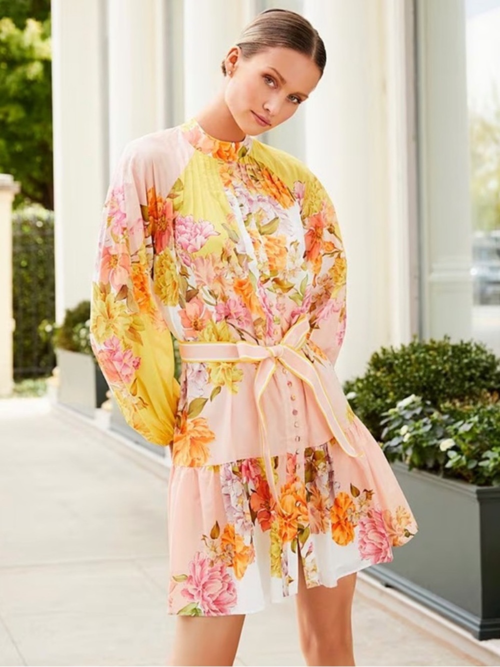 Antonio Melani Brynn Floral Print Dress Mock Neck Long Sleeve Self-Tie Dress SZ0